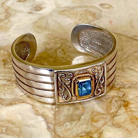 14K & Sterling Silver Wide Cuff Blue Topaz 57g - Picture 1 of 8